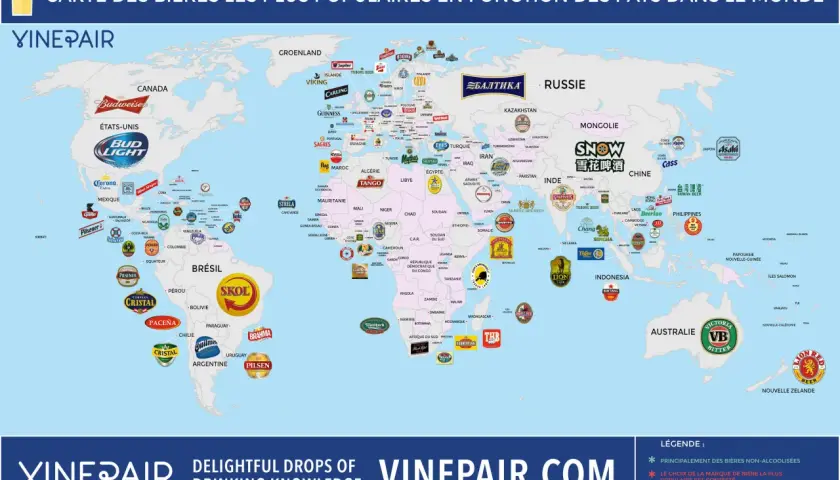 Carte des bières les plus populaires par pays. Bud Light est la bière la plus consommée au monde, visible aux États-Unis.