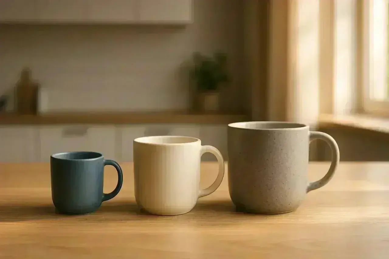 Trois récipients pour boissons, illustrant la différence tasse et mug : un petit bleu, un beige moyen, et un grand gris moucheté.