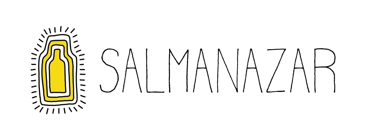 Logo SALMANAZAR avec une bouteille jaune stylisée, évoquant une bouteille de 9 litres.