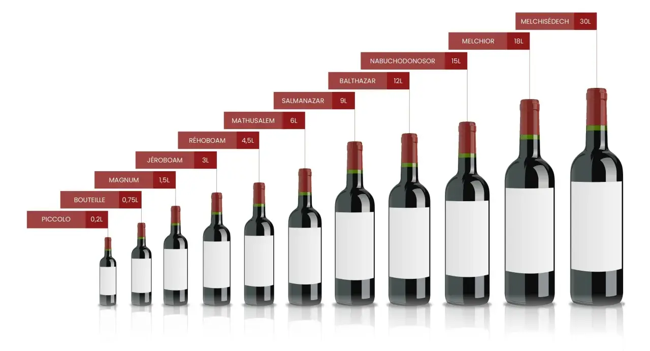 Comparaison des tailles de bouteille de vin cl, du Piccolo (0,2L) au Melchisédech (30L), avec leurs noms bibliques.