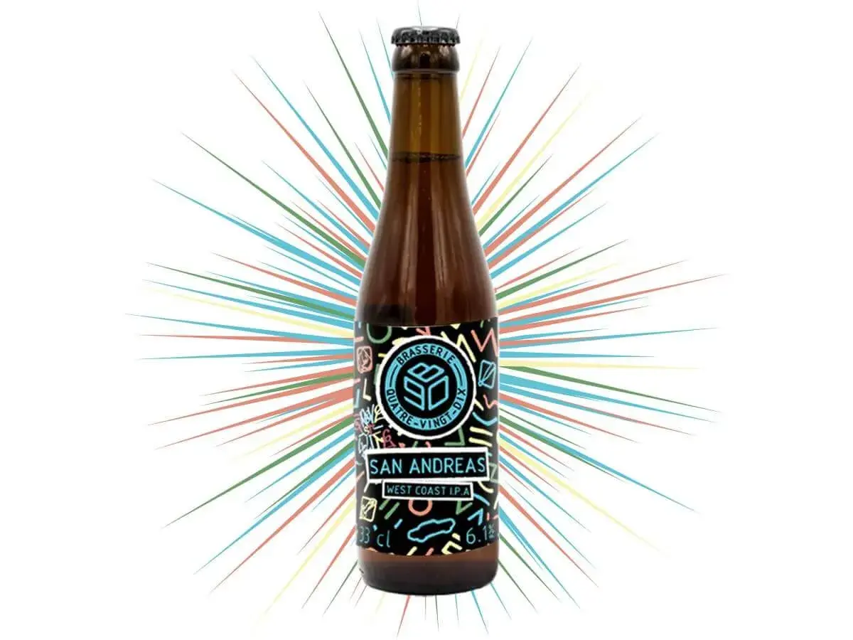 Bouteille de bière San Andreas West Coast IPA, avec un design explosif et coloré.