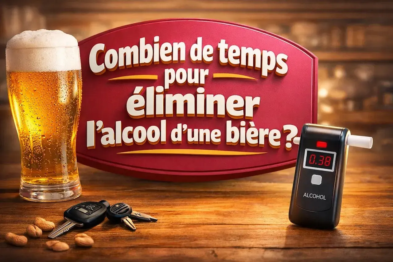 Un verre de bière, des clés de voiture et un éthylotest. Le message interroge sur le temps d'élimination de l'alcool.