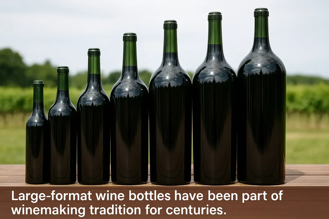 Six bouteilles de vin de tailles différentes, du plus petit au plus grand, alignées sur une table en bois. La taille bouteille varie, montrant l'évolution des contenants.