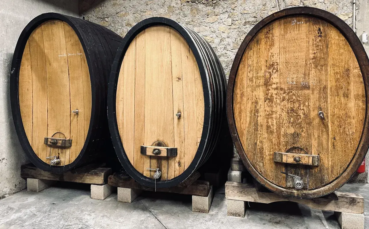 Trois fûts en bois de chêne, certains foncés, d'autres clairs, alignés dans une cave à vin.