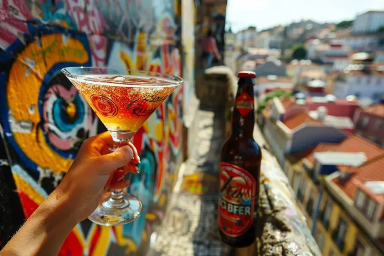 Une main tient un verre à martini pétillant, à côté d'une bouteille de bière, sur fond de graffitis colorés et d'une ville ensoleillée.