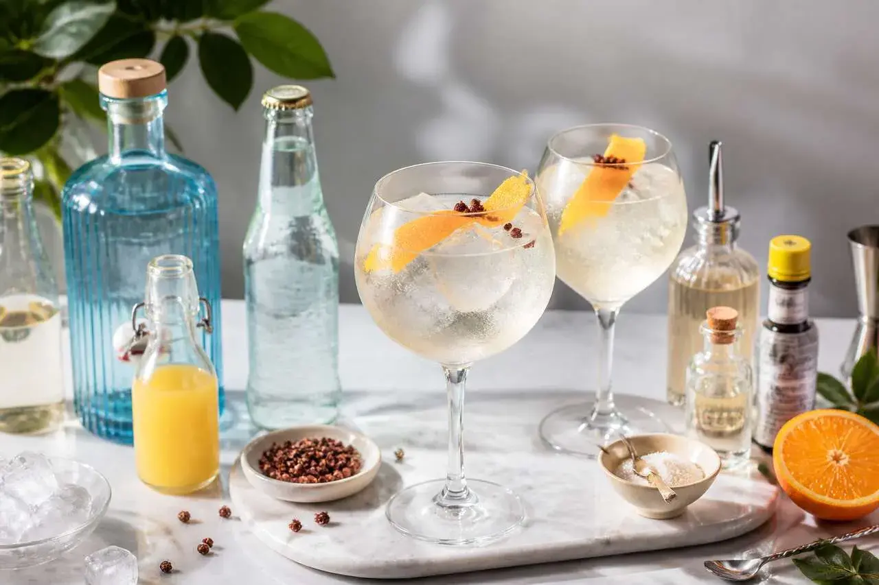 Deux cocktails martini blanc tonic, glacés et garnis d'écorce d'orange, prêts à être dégustés.