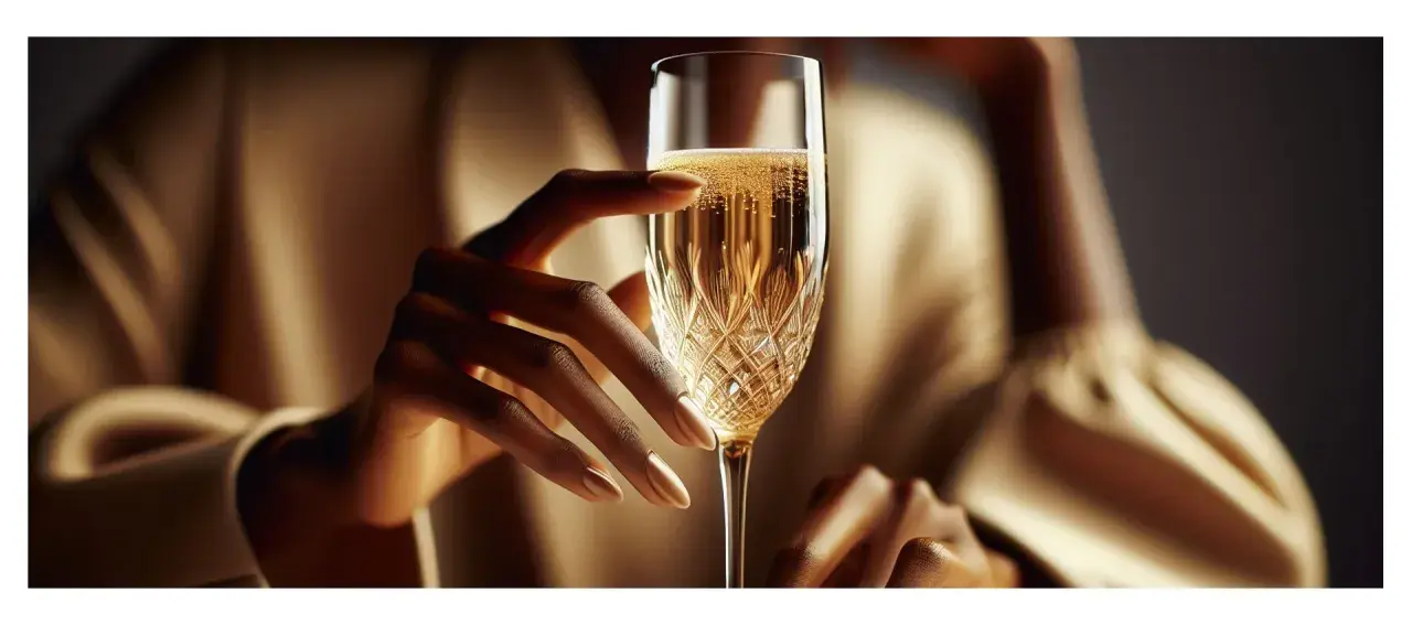 Une main élégante tient une coupe de champagne pétillante, évoquant le plaisir et la célébration. C'est pourquoi on trinque : pour savourer ces instants précieux.