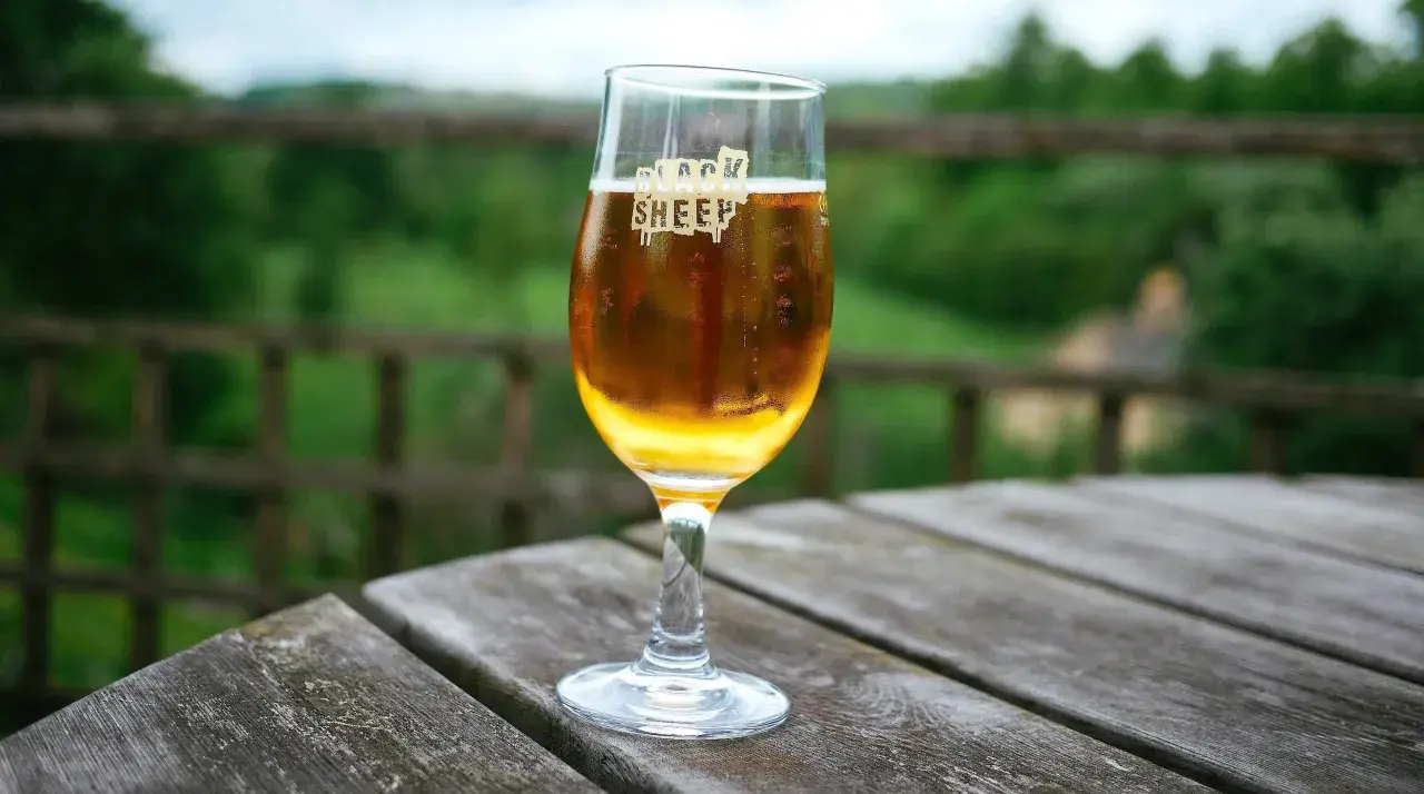 Un verre de bière ale blonde, marqué "Black Sheep", sur une table en bois avec un fond verdoyant.