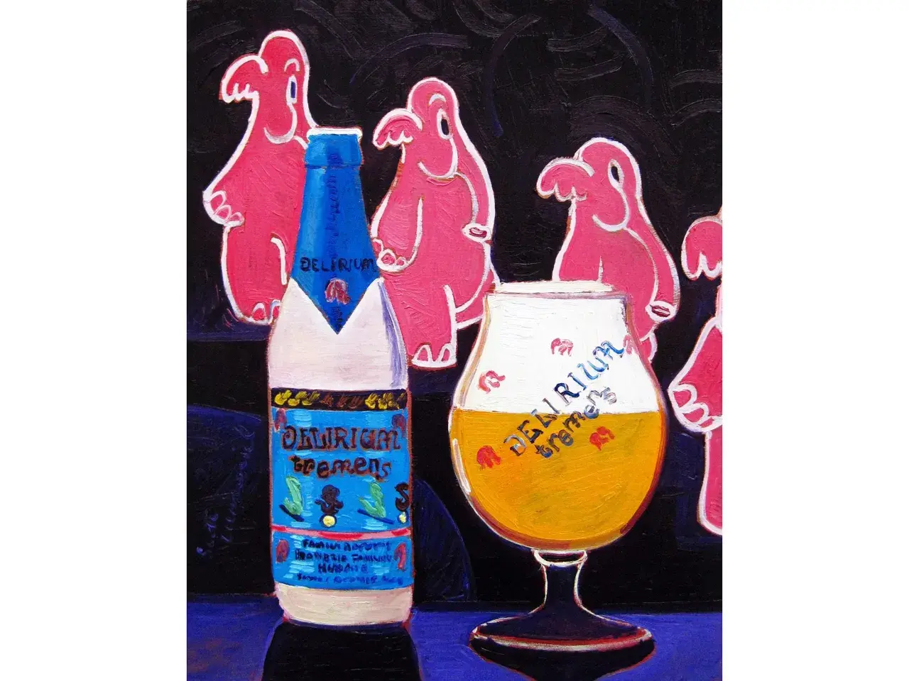 Une bière Delirium Tremens, avec ses éléphants roses en arrière-plan, prête à être dégustée.