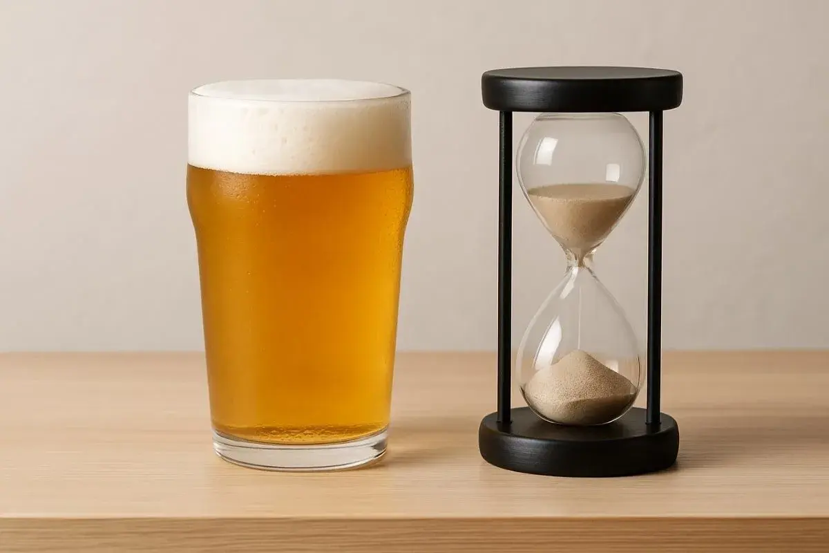 Un verre de bière dorée avec une mousse épaisse à côté d'un sablier. Le temps s'écoule, attention au taux d'alcoolémie.