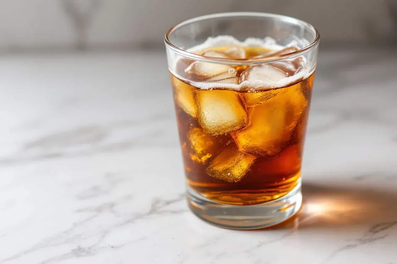 Verre de boisson ambrée avec des glaçons, une boisson rafraîchissante qui peut masquer le tableau taux de sucre dans l'alcool.