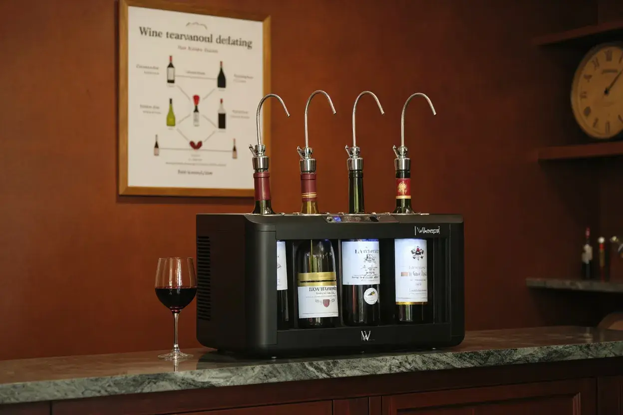 Système de conservation de vin avec quatre bouteilles ouvertes, un verre de vin rouge à côté. Le tableau temps de garde des vins au mur donne des conseils.