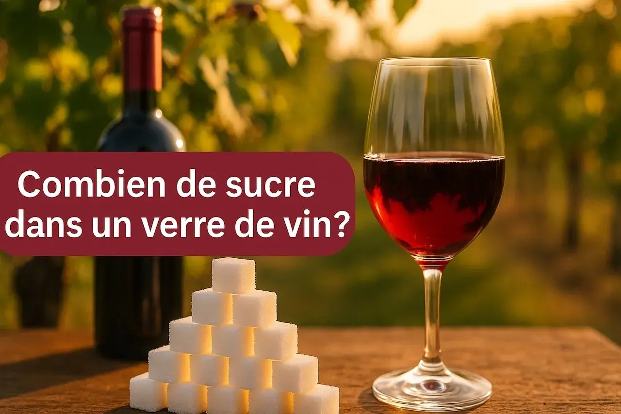Une pyramide de morceaux de sucre à côté d'un verre de vin rouge et d'une bouteille, avec le texte "Combien de sucre dans un verre de vin?".