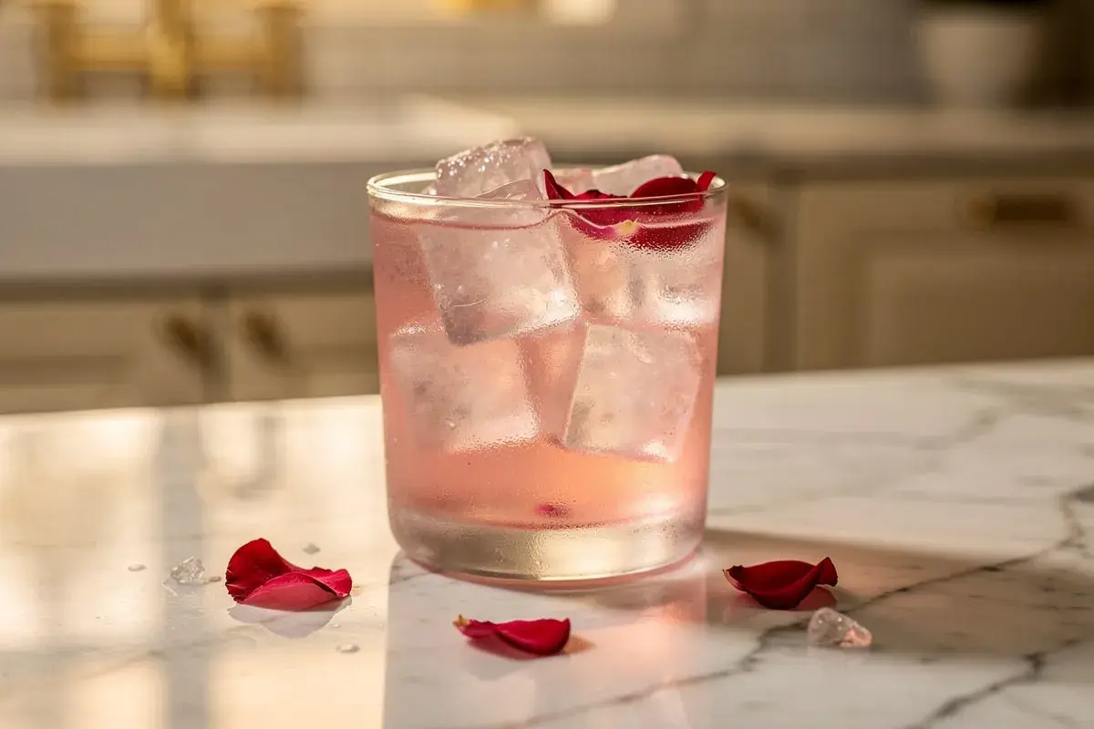 Un délicieux martini rosé, rafraîchi par des glaçons et orné de pétales de rose, sur un comptoir en marbre.
