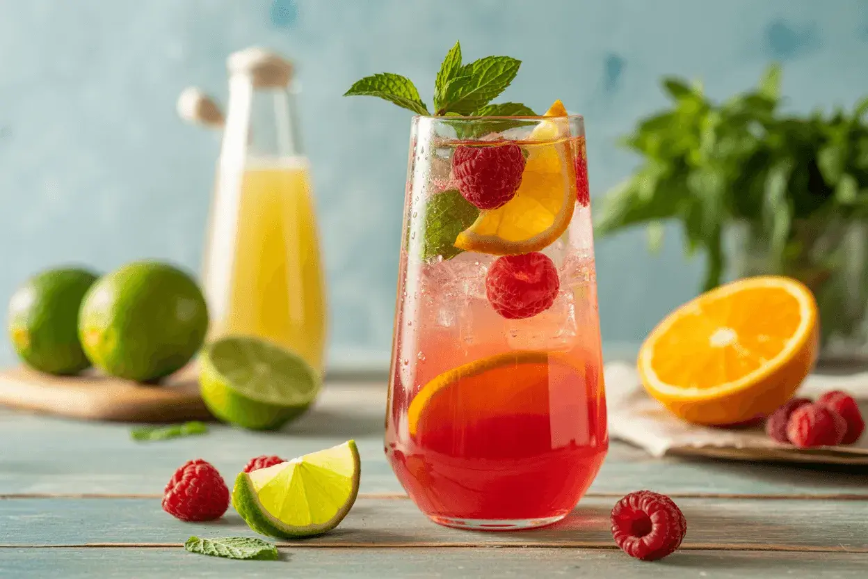 Un verre de boisson rose vif garni de framboises, d'orange et de menthe, avec des citrons verts et une bouteille de jus en arrière-plan. Un équilibre parfait entre le **sweet and sour**.