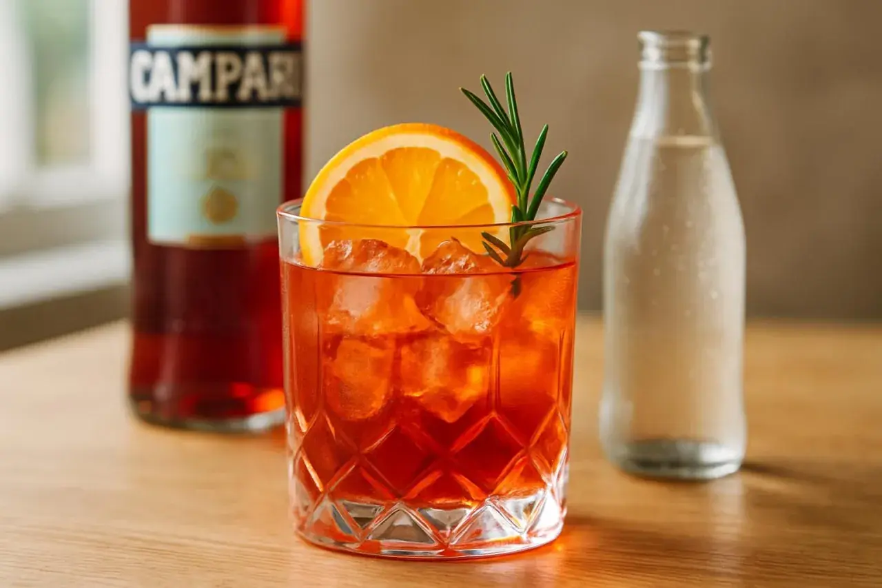 Un verre d'Americano, garni d'une tranche d'orange et d'une branche de romarin, prêt à être dégusté. La recette americano traditionnelle est simple et rafraîchissante.