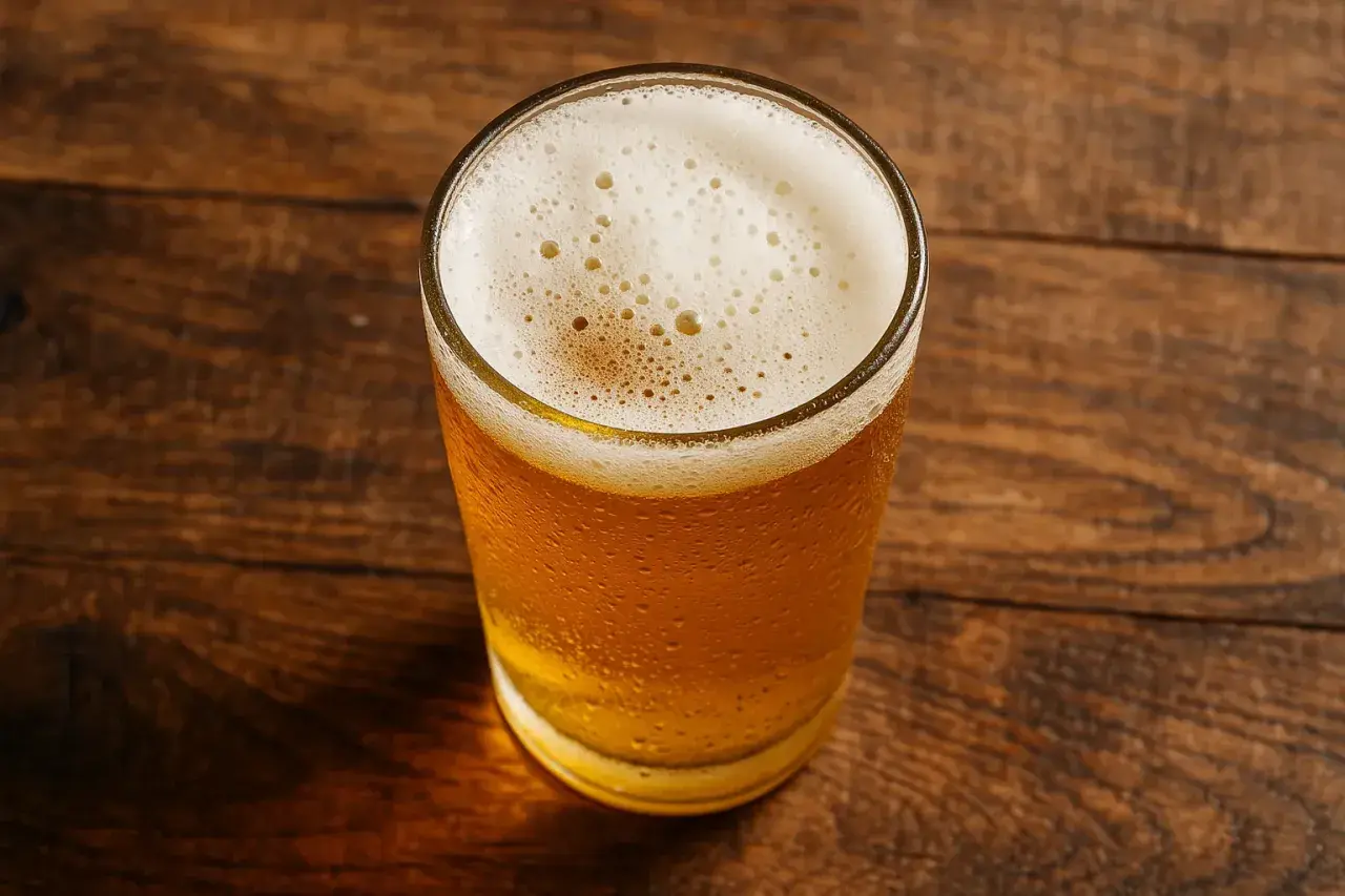Un verre de bière dorée avec une mousse blanche sur une table en bois. La bière valeur nutritionnelle est un sujet de discussion.