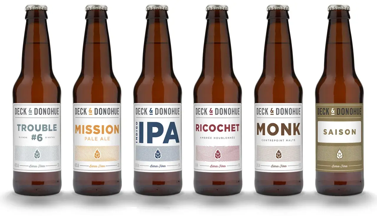 Six bouteilles de bières Deck & Donohue : Trouble, Mission, IPA, Ricochet, Monk, Saison. Difficile de savoir quelle bière choisir ?
