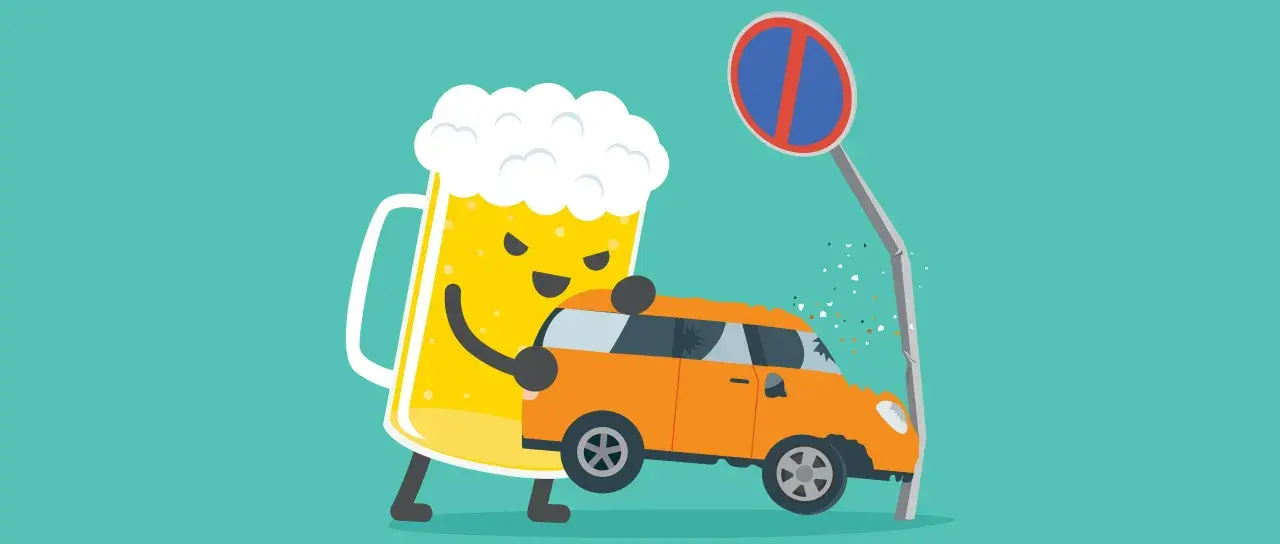 Une chope de bière, symbole d'un taux d'alcoolémie élevé, percute une voiture contre un panneau d'interdiction de stationner.