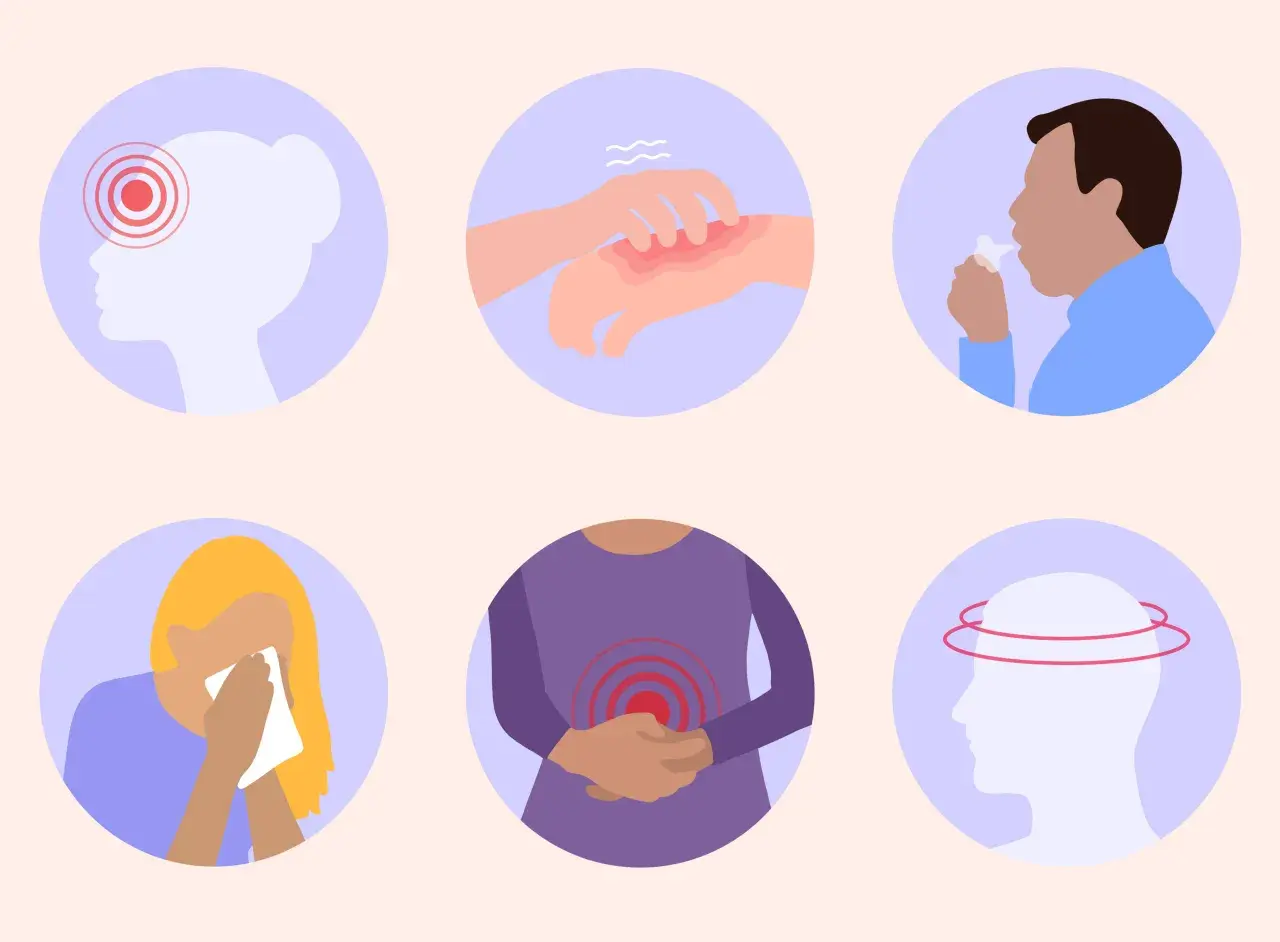 Symptômes d'une allergie à la bière : maux de tête, éruptions cutanées, toux, nez qui coule, douleurs abdominales et vertiges.