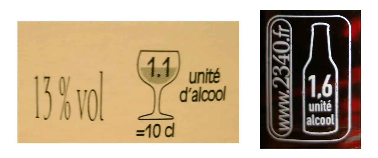 Étiquette de vin indiquant 13% vol et 1.1 unité d'alcool pour 10 cl. Une bouteille affiche 1.6 unité d'alcool.