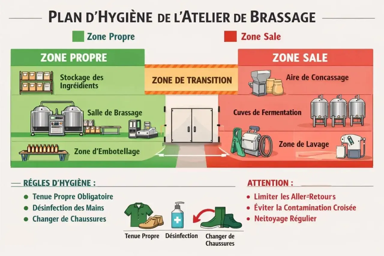 Plan d'hygiène d'un atelier de brassage : zones propres (stockage, salle de brassage, embouteillage) et sales (concassage, cuves de fermentation, lavage), avec règles d'hygiène pour la bière à fermentation haute.
