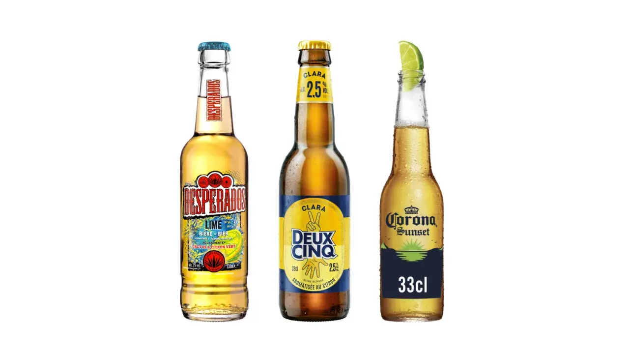 Trois bouteilles de bière : Desperados Lime, Clara Deux Cinq et Corona Sunset. La Desperados a un twist bière citron.