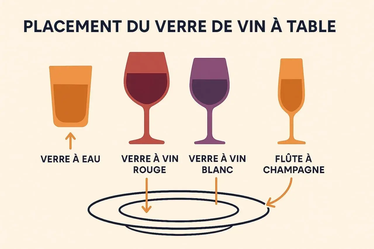 Disposition des verres à table : verre à eau, verre à vin rouge, verre à vin blanc et flûte à champagne.