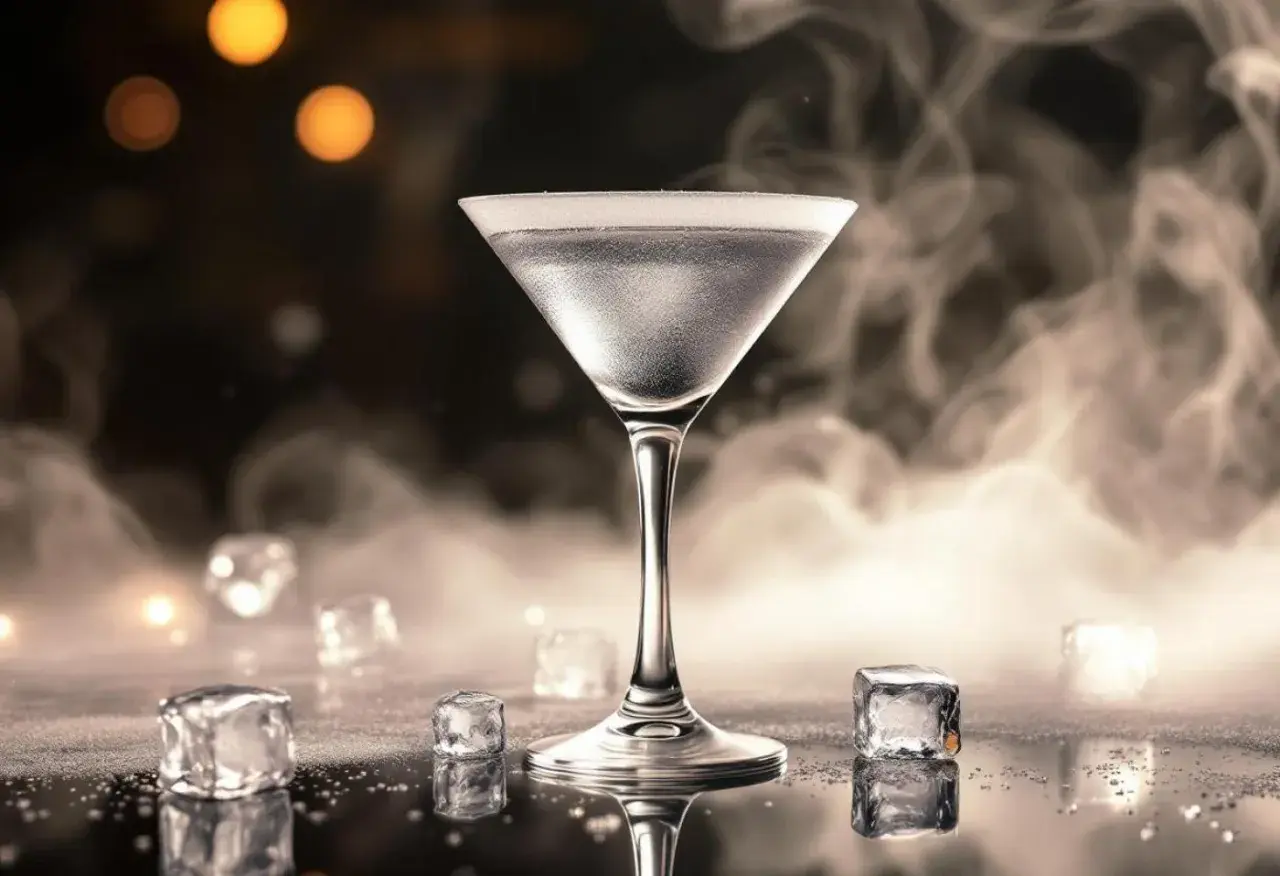 Un verre de martini vodka givré, entouré de glaçons et de fumée, ambiance feutrée.