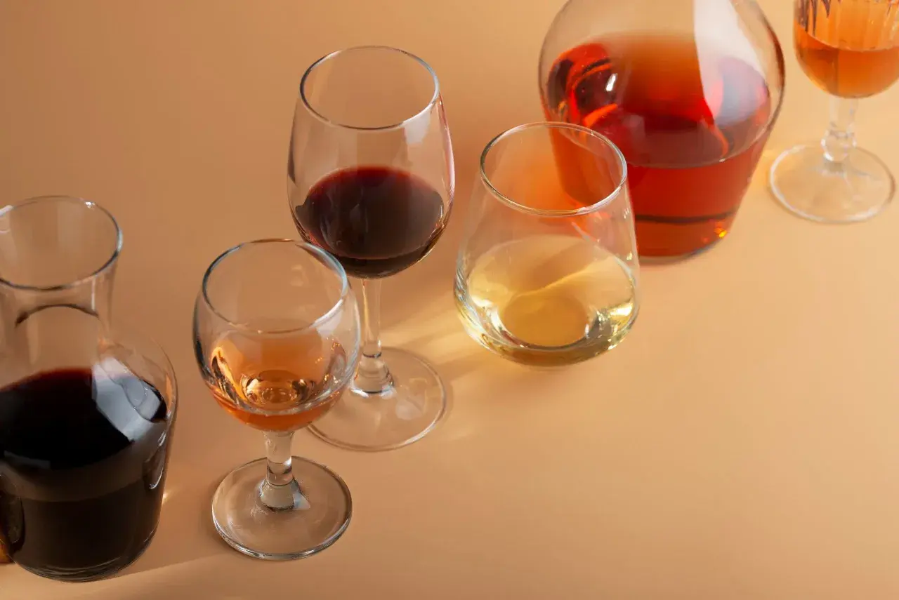 Verres de vin rouge, blanc et rosé, et une carafe. Combien de verre dans 1 litre de vin ? La réponse dépend de la taille du verre.