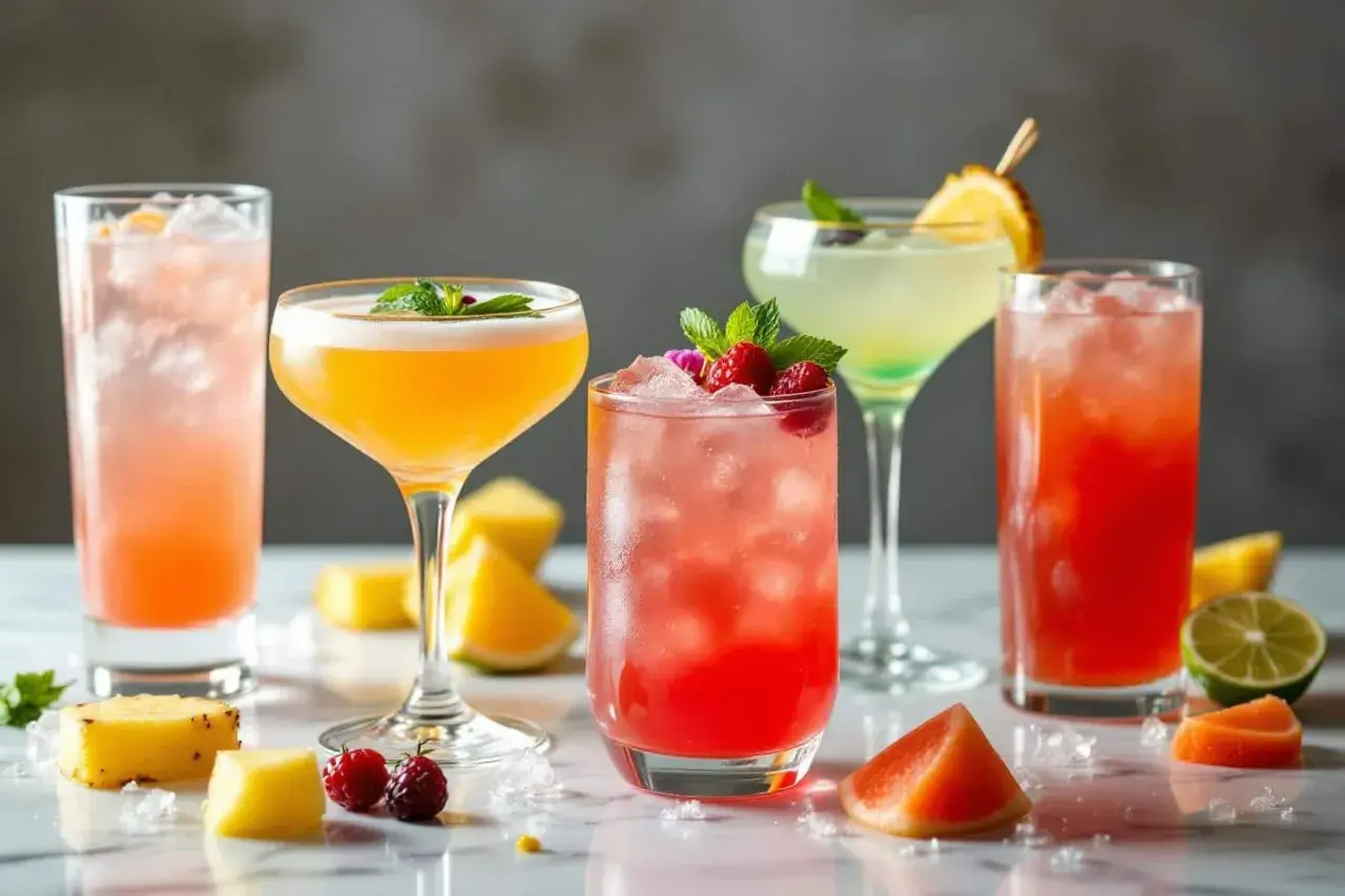Cinq cocktails colorés, parfaits pour un cocktail été, garnissent la table avec des fruits frais et de la glace.