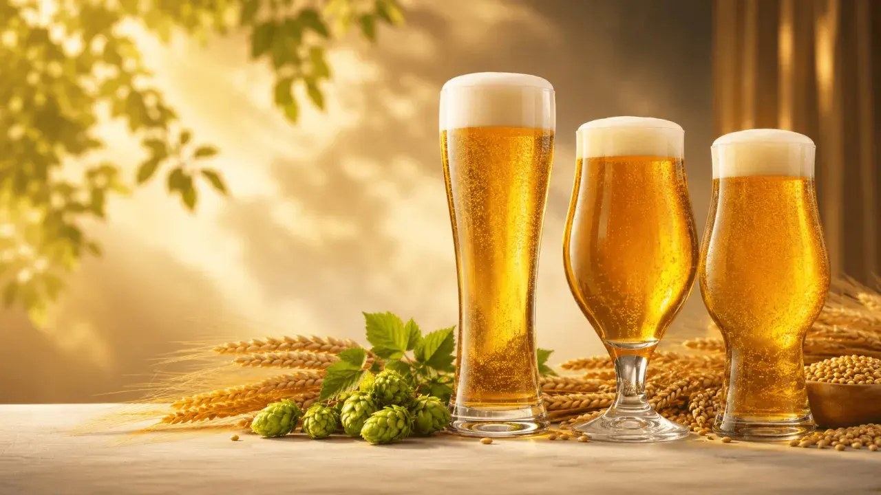 Trois verres de bière dorée, mousseuse, entourés d'épis de blé et de houblon. Les ingrédients de la base de la bière, baignés d'une lumière chaude.