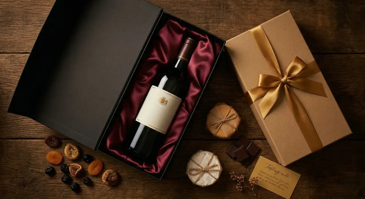 Un coffret cadeau élégant avec une bouteille de vin, des fruits secs et du chocolat, prêt à être offert par Jean-Claude Boisset.