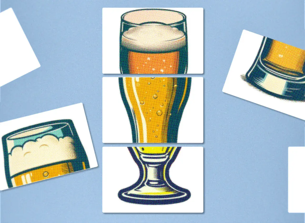 Trois verres de bière, dont une bière sour, illustrés dans un style rétro, sur fond bleu.