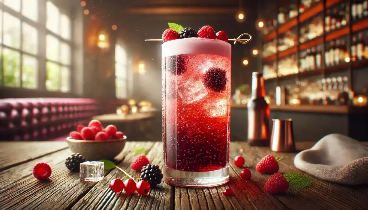 Un cocktail bière pétillant aux fruits rouges, garni de framboises et mûres, sur une table en bois.