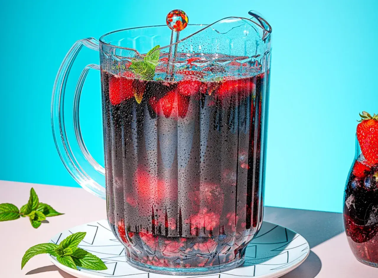 Un pichet de sangria maison pétillante, rempli de fruits rouges et de menthe, prêt à rafraîchir.