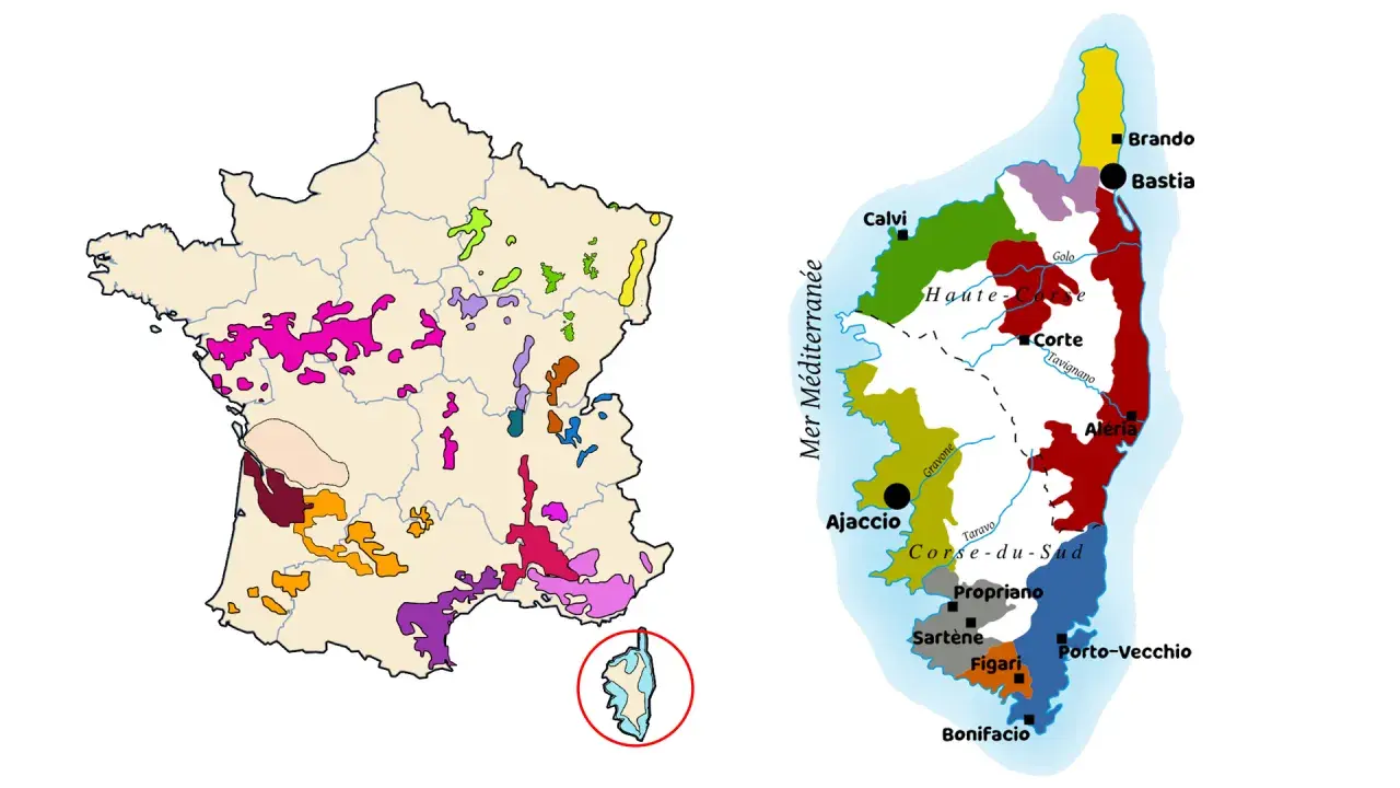 Carte de France et de Corse montrant les régions viticoles colorées.
