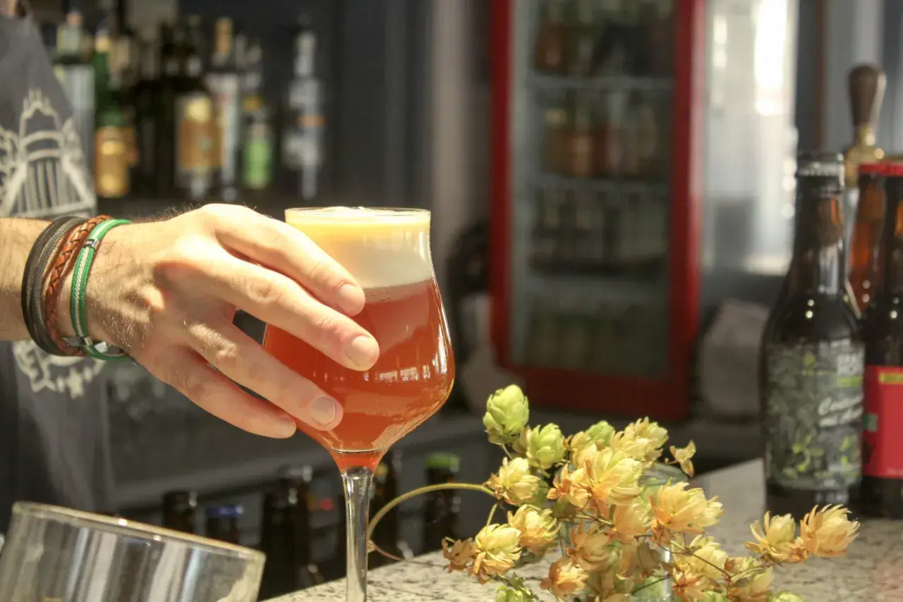 Main d'un homme tenant un verre de bière IPA ambrée, avec des cônes de houblon frais sur le comptoir.