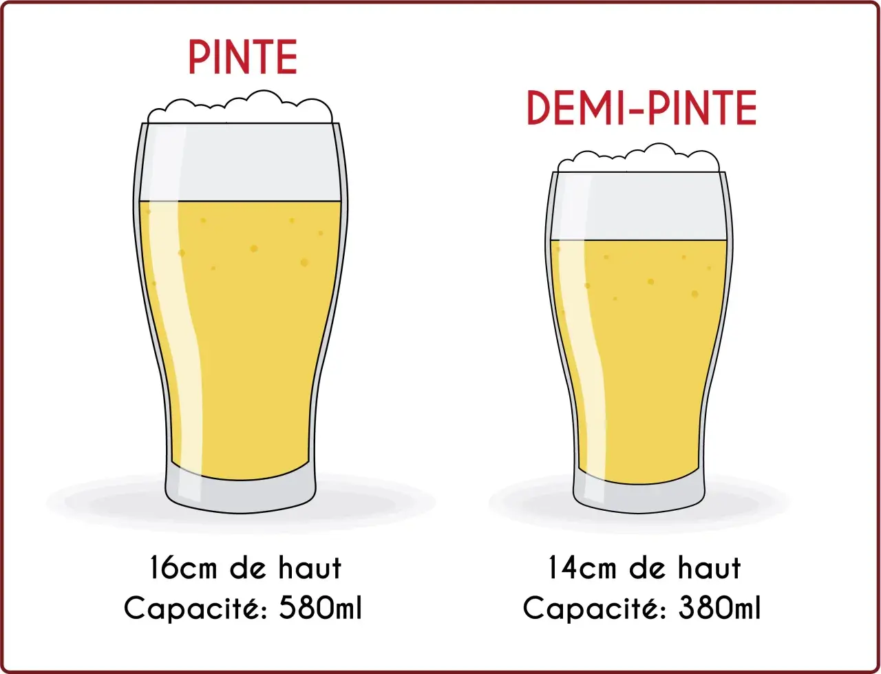 Deux verres de bière, une pinte et une demi-pinte, avec leurs dimensions et capacités indiquées.