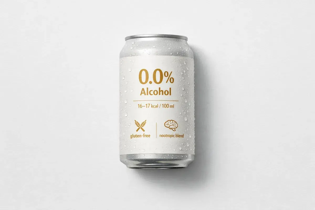 Canette de bière IPA sans alcool, 0.0%, 16-17 calories par 100 ml, sans gluten, avec un mélange nootropique.
