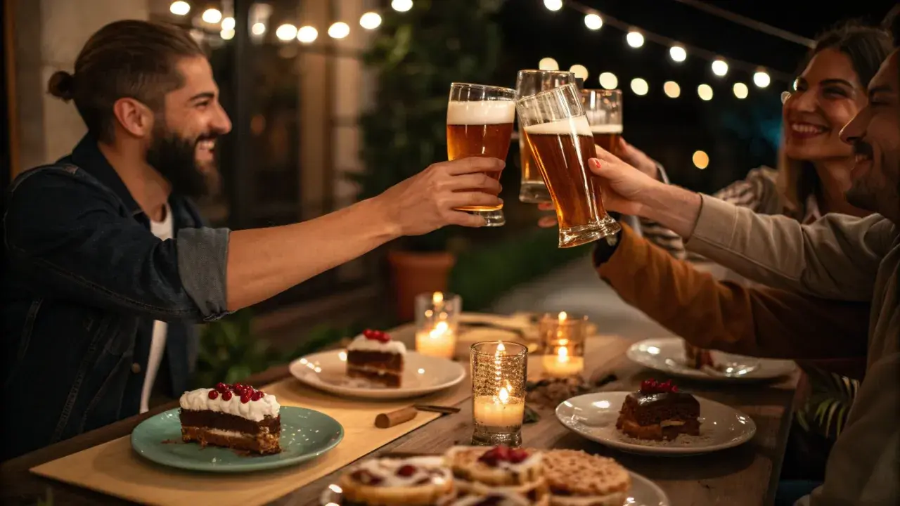 Un groupe d'amis trinque avec des bières belges lors d'une soirée conviviale, éclairée par des guirlandes lumineuses et des bougies.