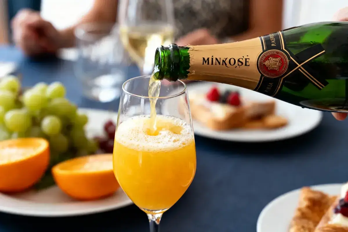 Un cocktail à base de champagne est versé dans un verre, avec des fruits frais et des viennoiseries en arrière-plan.