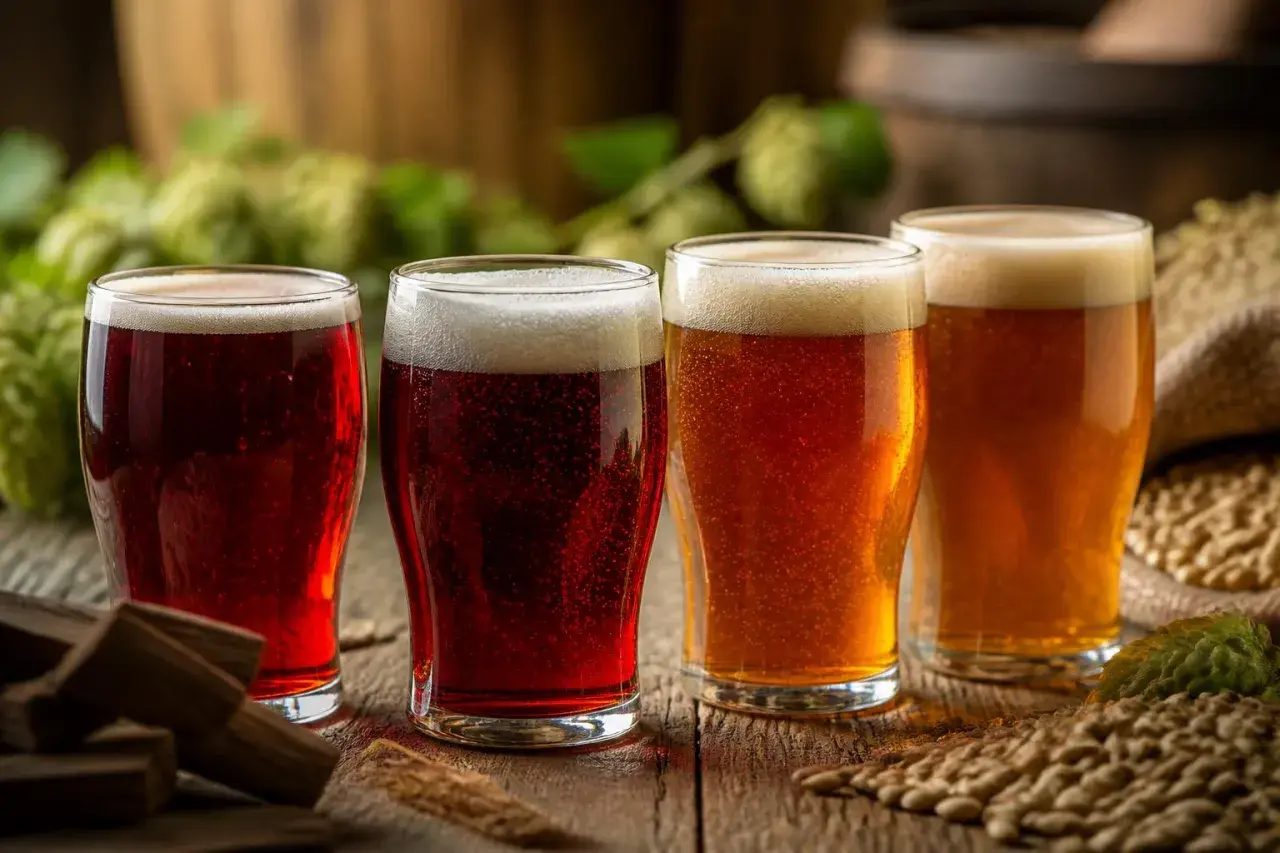 Quatre verres de bière, dont deux bières rouges foncées, sur une table en bois avec du houblon et du malt en arrière-plan.