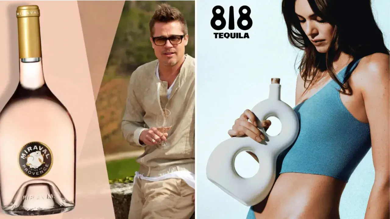 Bouteille de vin rosé Miraval, Brad Pitt avec un verre, et une bouteille de tequila 818. Le vin de Georges Clooney est aussi présent.