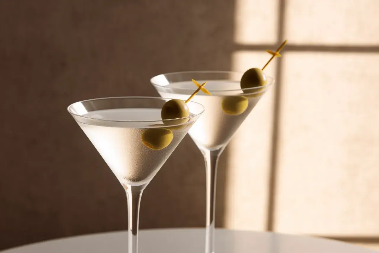 Deux dry martini glacés, décorés d'olives vertes, prêts à être dégustés. Une recette simple pour un cocktail parfait.