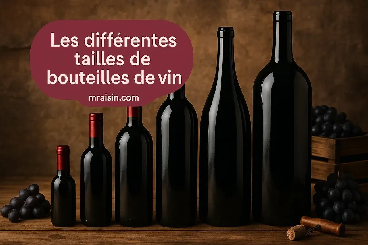 Cinq bouteilles de vin noir de tailles différentes, du plus petit au plus grand, présentées en ordre. Des grappes de raisin et un tire-bouchon complètent la scène.