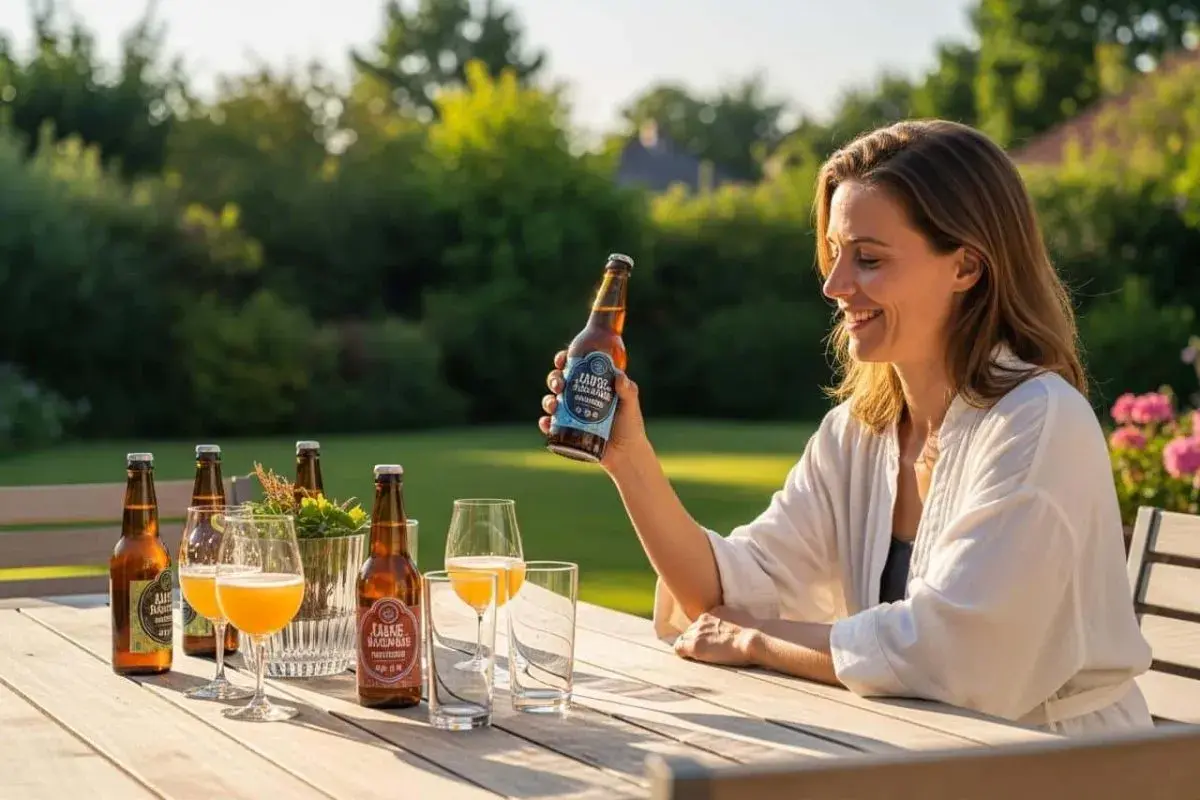 Une femme souriante tient une bouteille de bière Tourtel Twist, prête à partager un moment convivial en terrasse.
