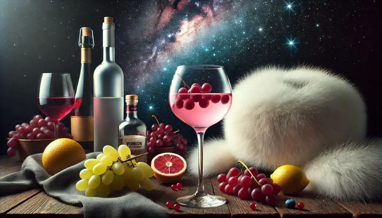 Un cocktail rosé avec des raisins, du vin blanc, de la vodka et des fruits, sur fond de ciel étoilé.