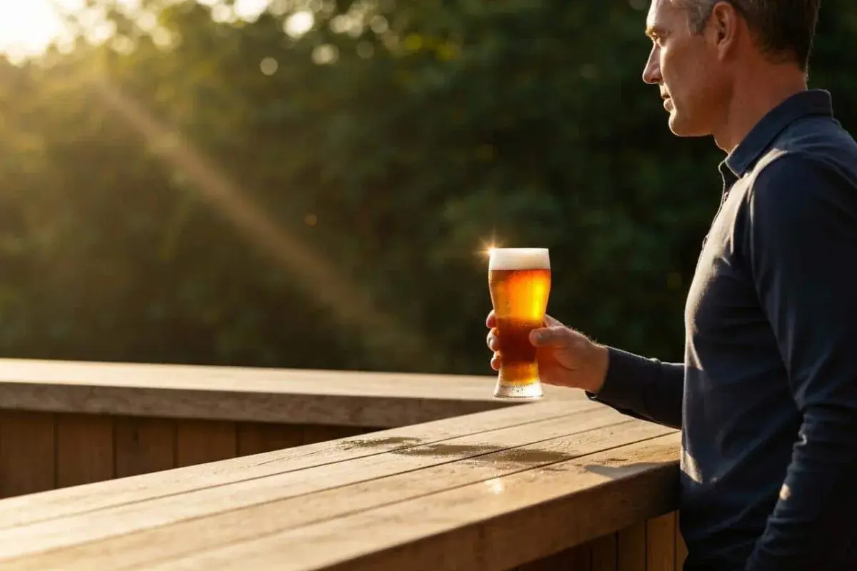 Un homme tient un verre de bière ambrée, éclairé par le soleil. La question est : est ce que la bière sans alcool fait grossir ?