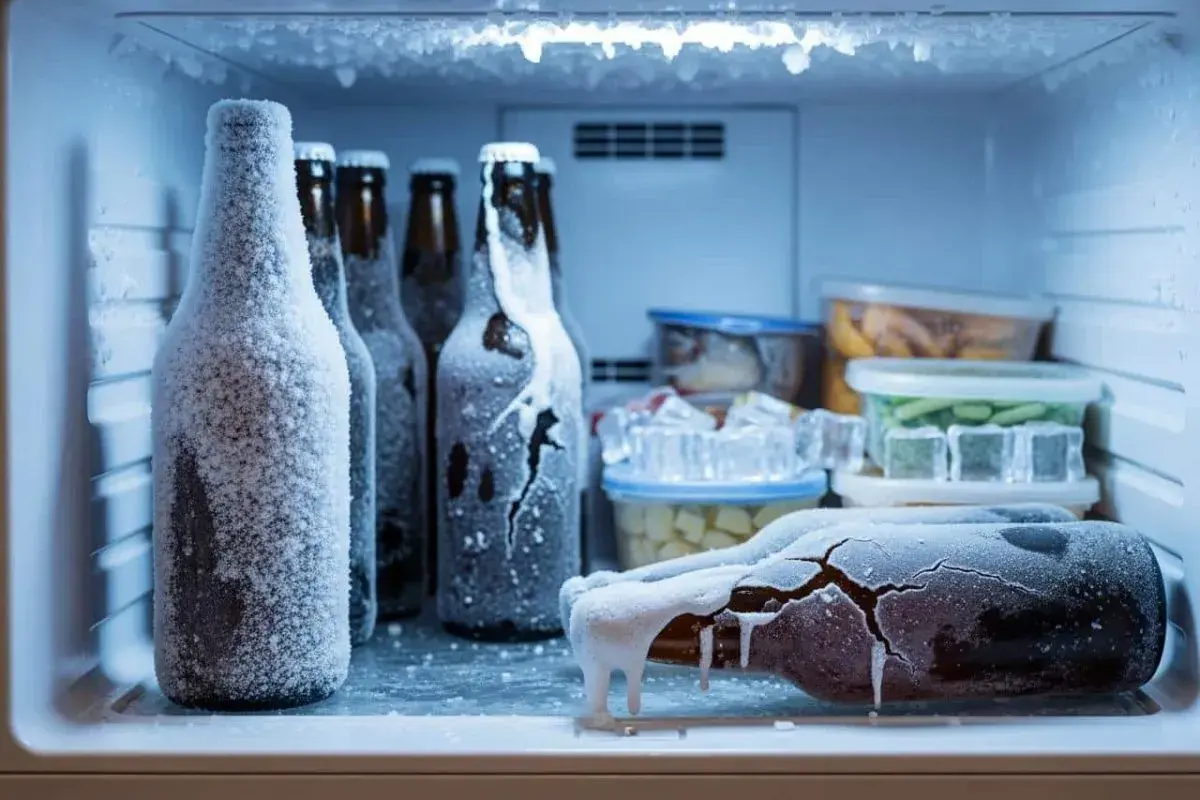 Bouteilles de bière gelées dans un congélateur. La température est si basse que la bière est recouverte de givre et une bouteille est fissurée par le froid.